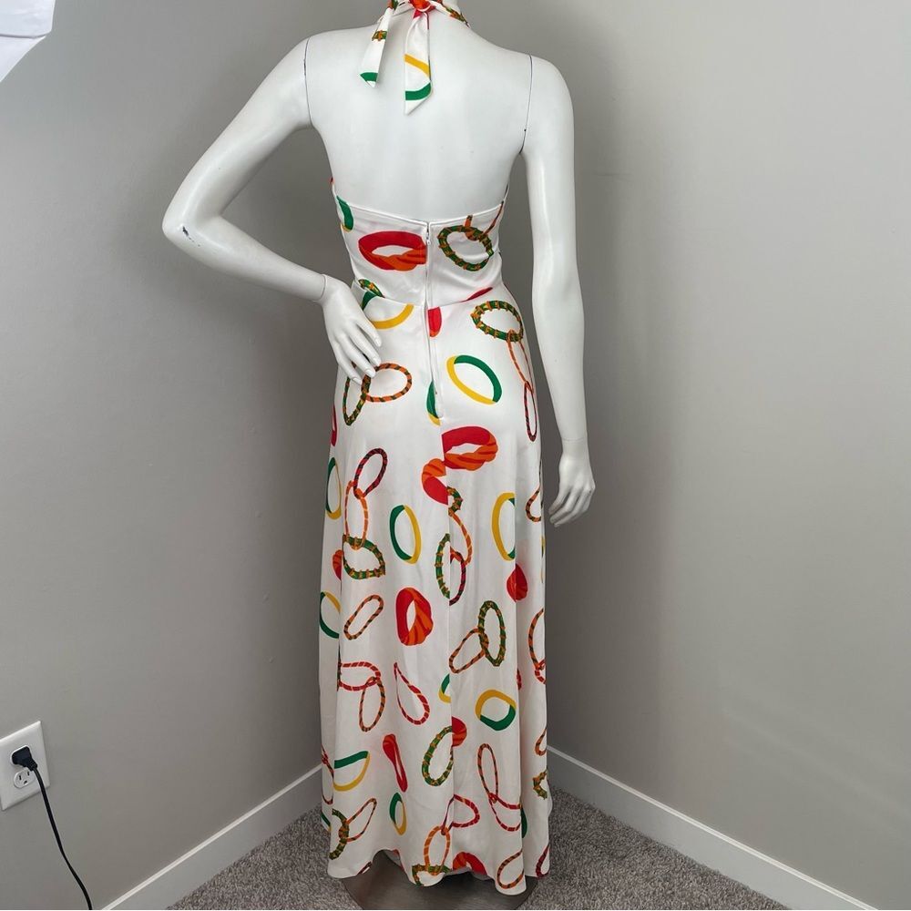 VINTAGE 1960s 70s Knot Tie Front Halter Neck White Ring Print Maxi Dress - Picture 2 of 12